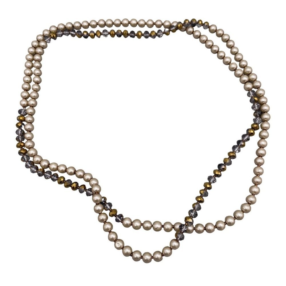 Pearl Faceted Beaded Double Strand Necklace Gold Tone And Smoky 56 Inch
